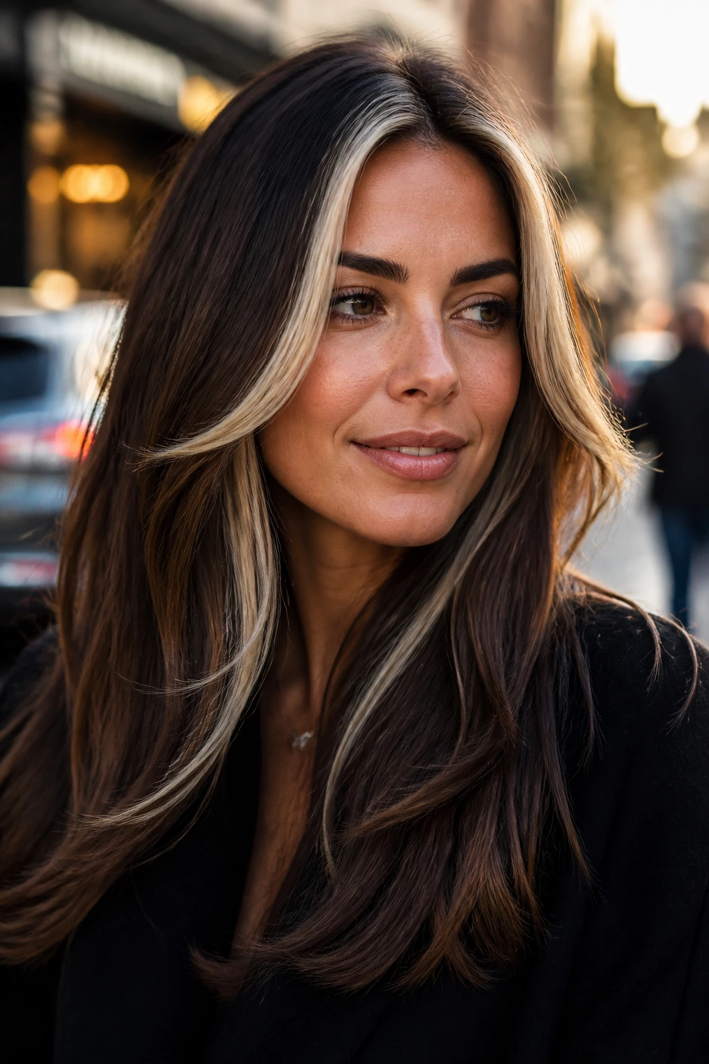 Long layered hair with a slim bright money piece framing the face