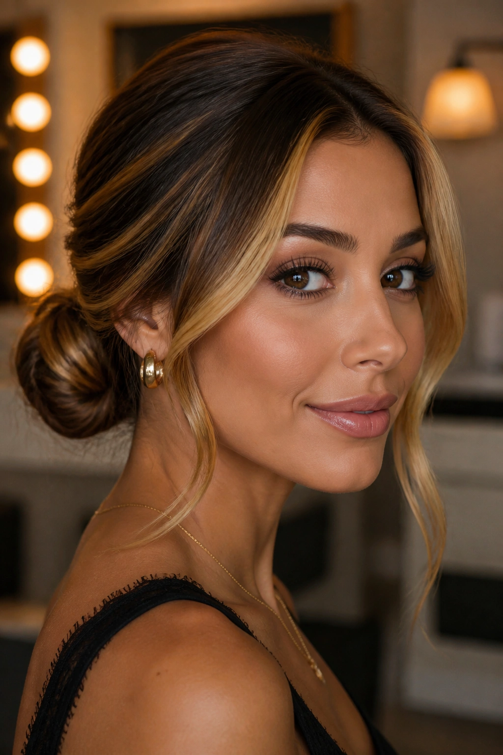 Portrait of a woman with a low bun and honey money-piece highlights