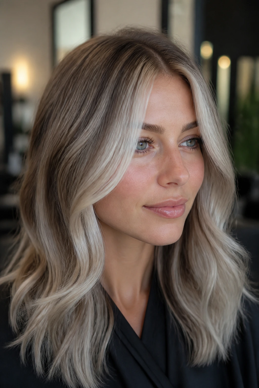 Close-up showing placement of light ash blonde face-framing pieces starting near the hairline.