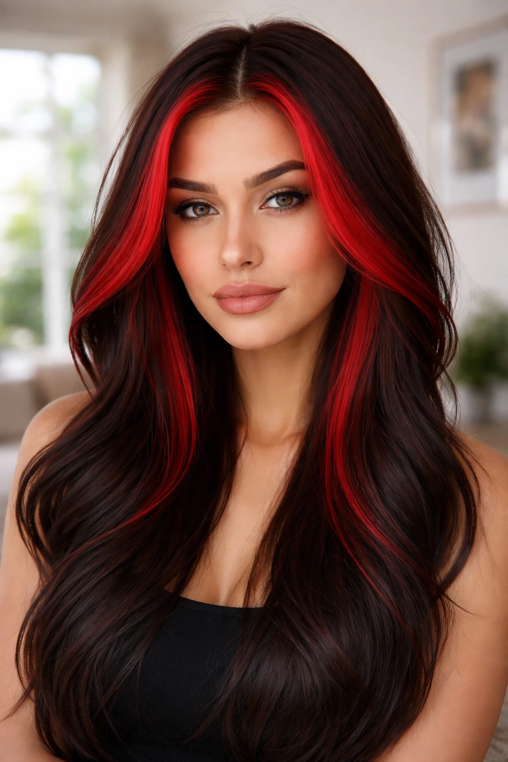 Face-framing vibrant red money pieces against dark brown hair.