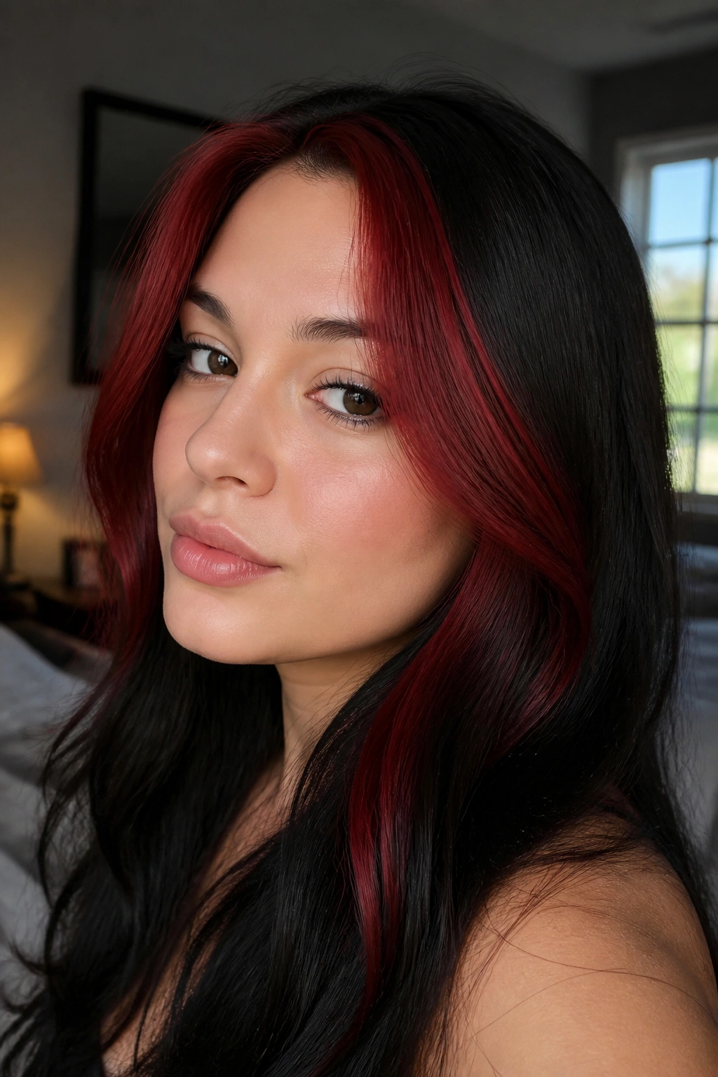 Portrait of a real woman with a red velvet money piece and dark lengths.