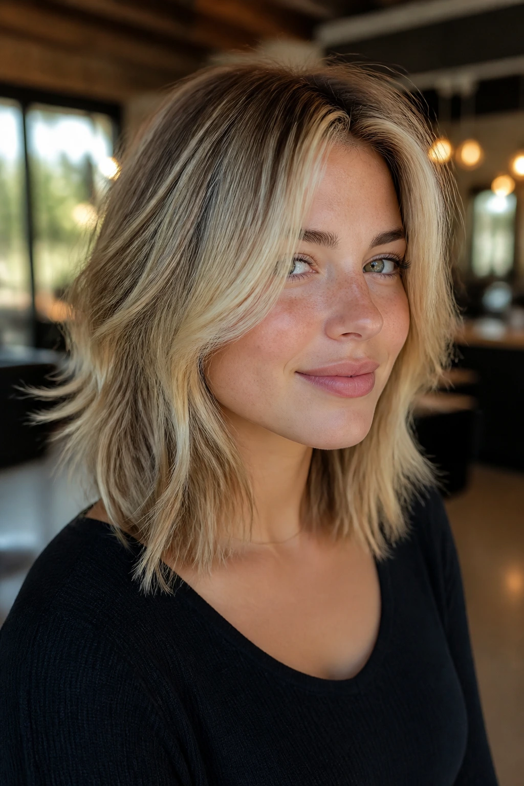 Close-up of a real woman with money-piece blonde shag and front highlights