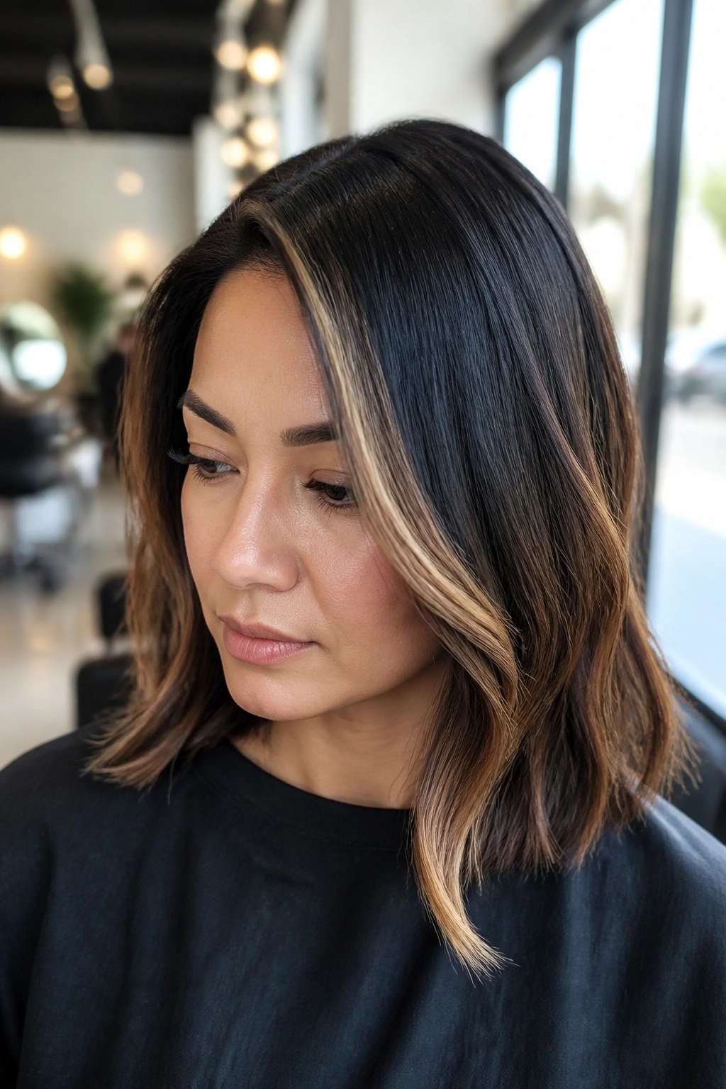 Close-up of a real woman with a deep side part and jaw-skimming money piece in natural light