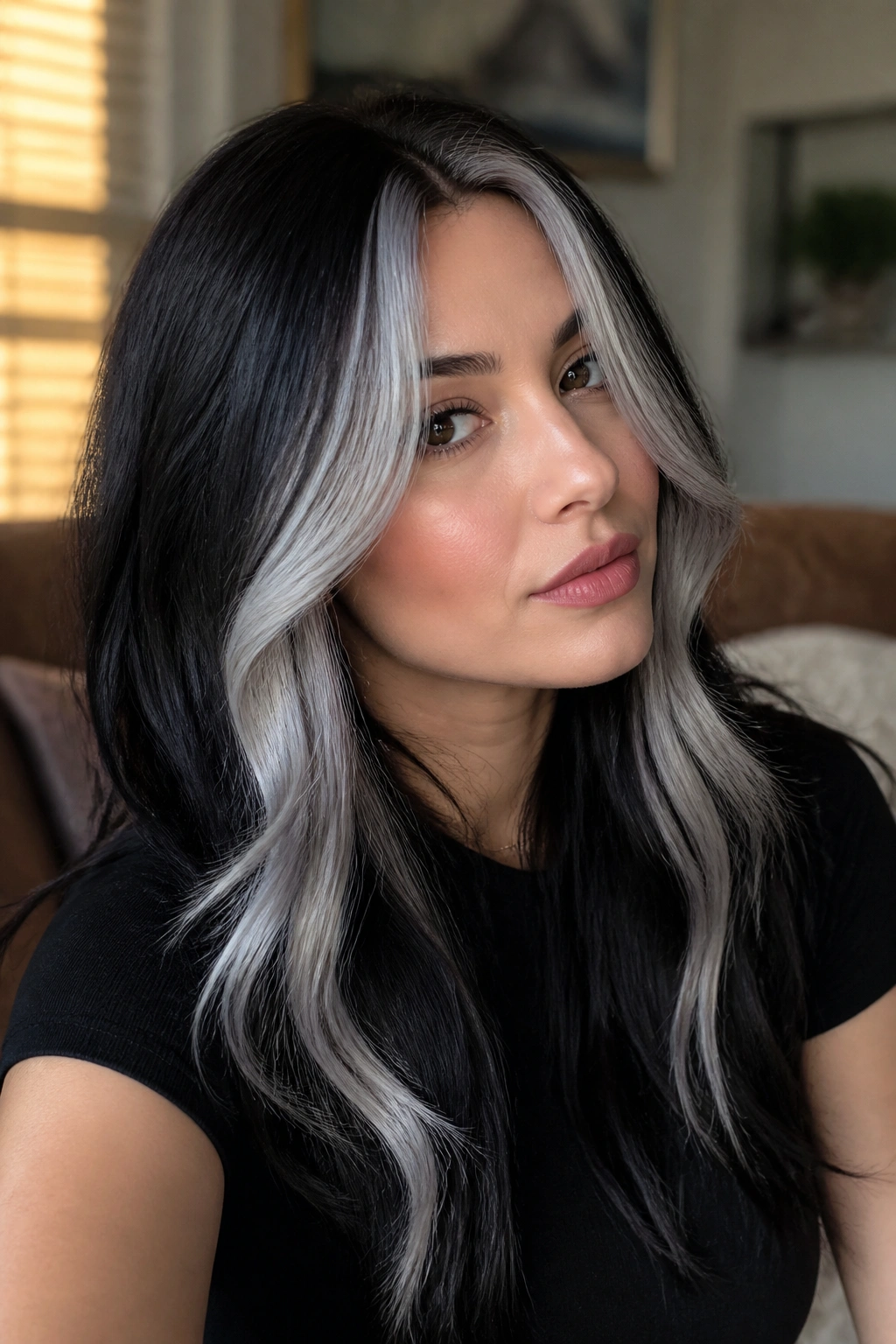 Close-up of a real woman with silver money piece framing the face against dark hair.