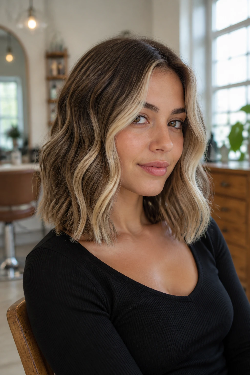 Portrait of a real woman with a wavy lob and money piece framing the face in a bright salon.