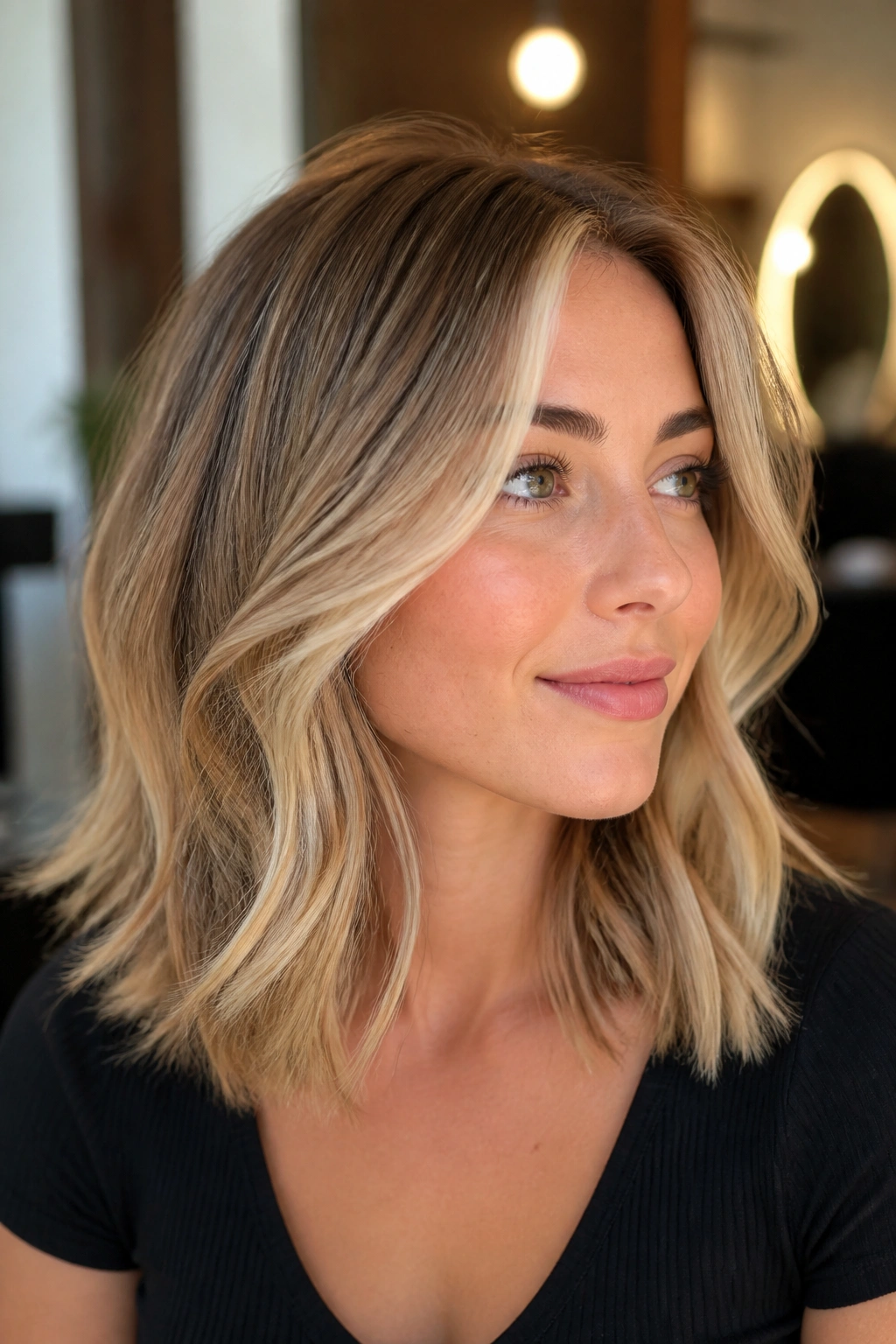 Real woman with money-piece highlights framing the face on a mid-length cut