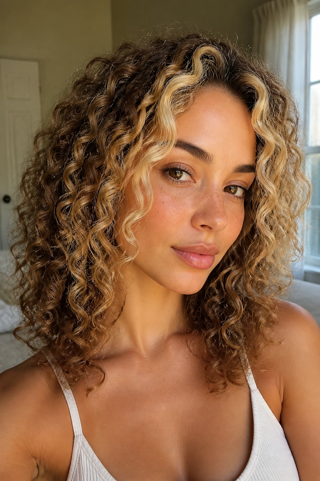 Close-up of a real woman with curly hair showing face-framing blonde money pieces.