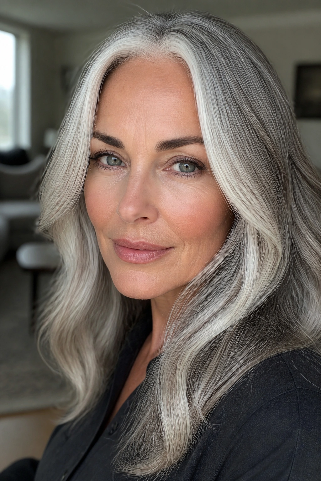 Close-up portrait of a real woman with white money pieces framing the face in a cool silver base.