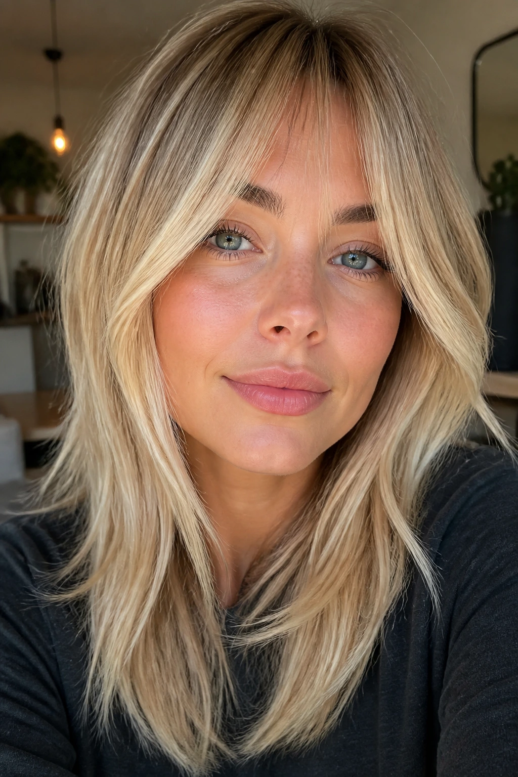 Close-up of a real woman with money pieces and mid-length fringe in a stylish home