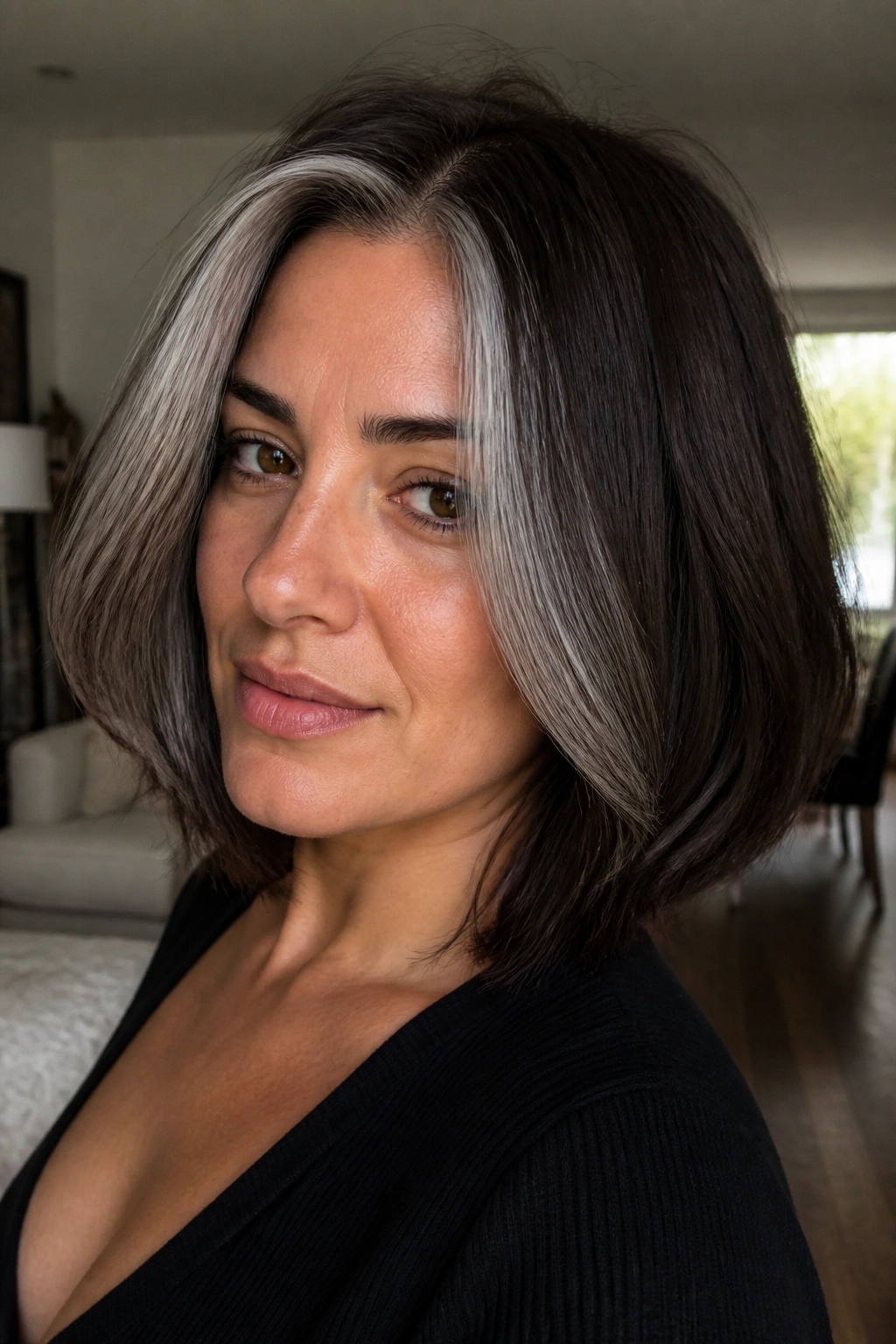 Dark brown bob with front grey money pieces framing the face