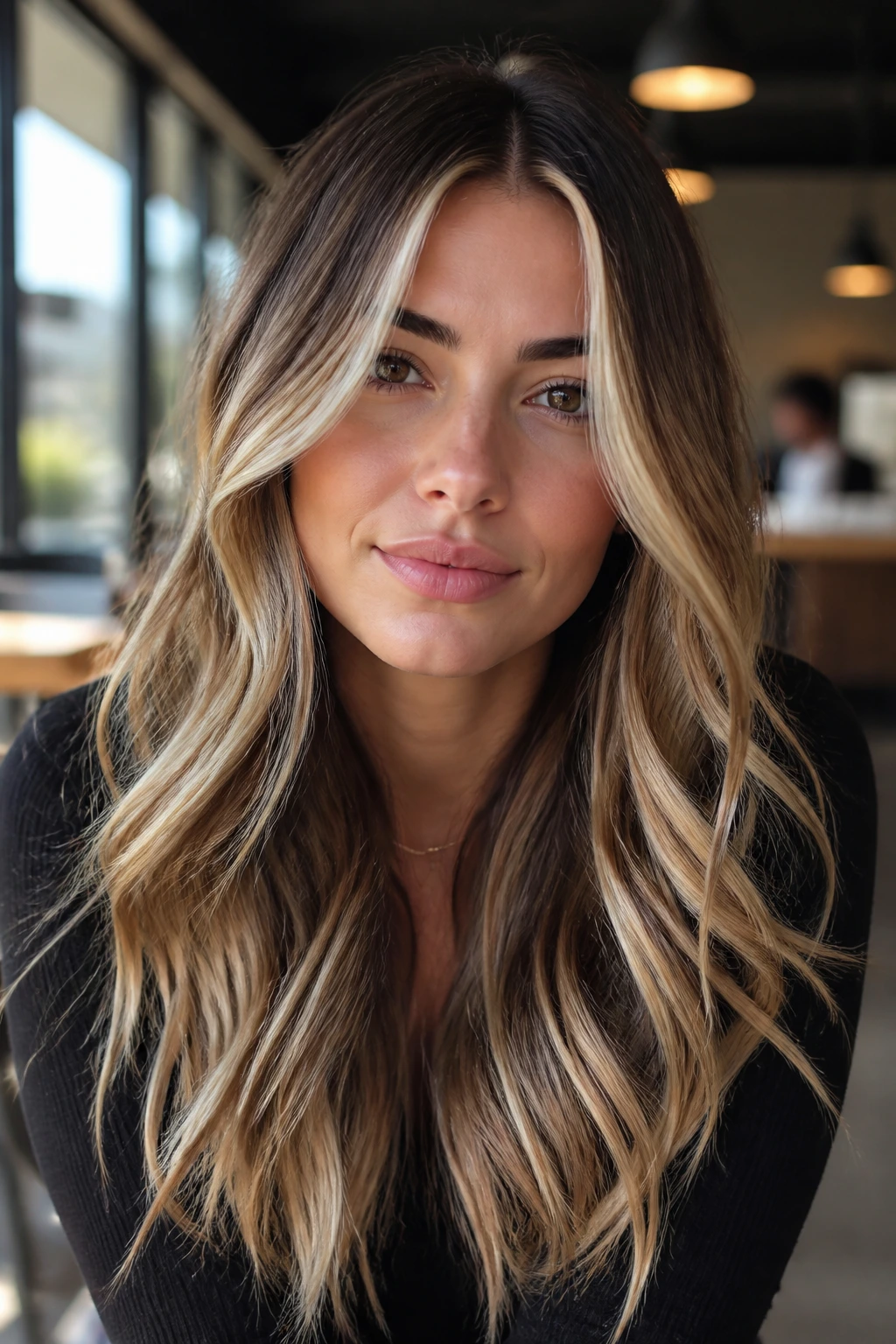 Portrait of hair with brown-to-blonde ombre and bright money pieces around face