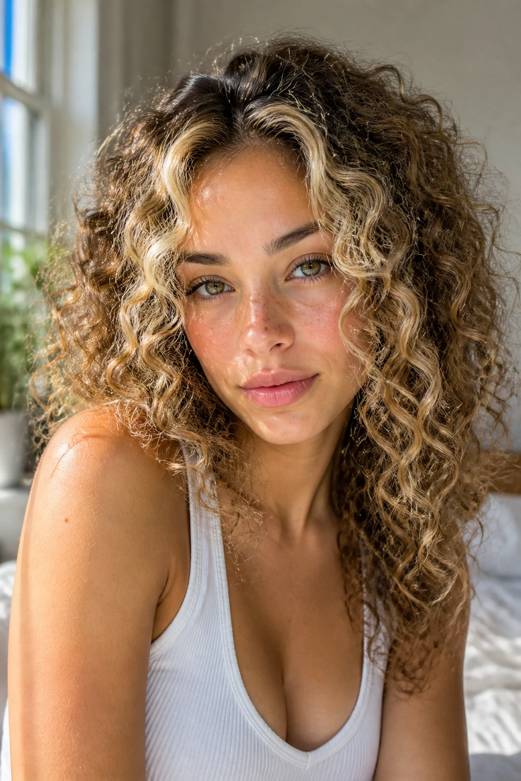 Close-up of curly hair with beige sandy money pieces framing the face.