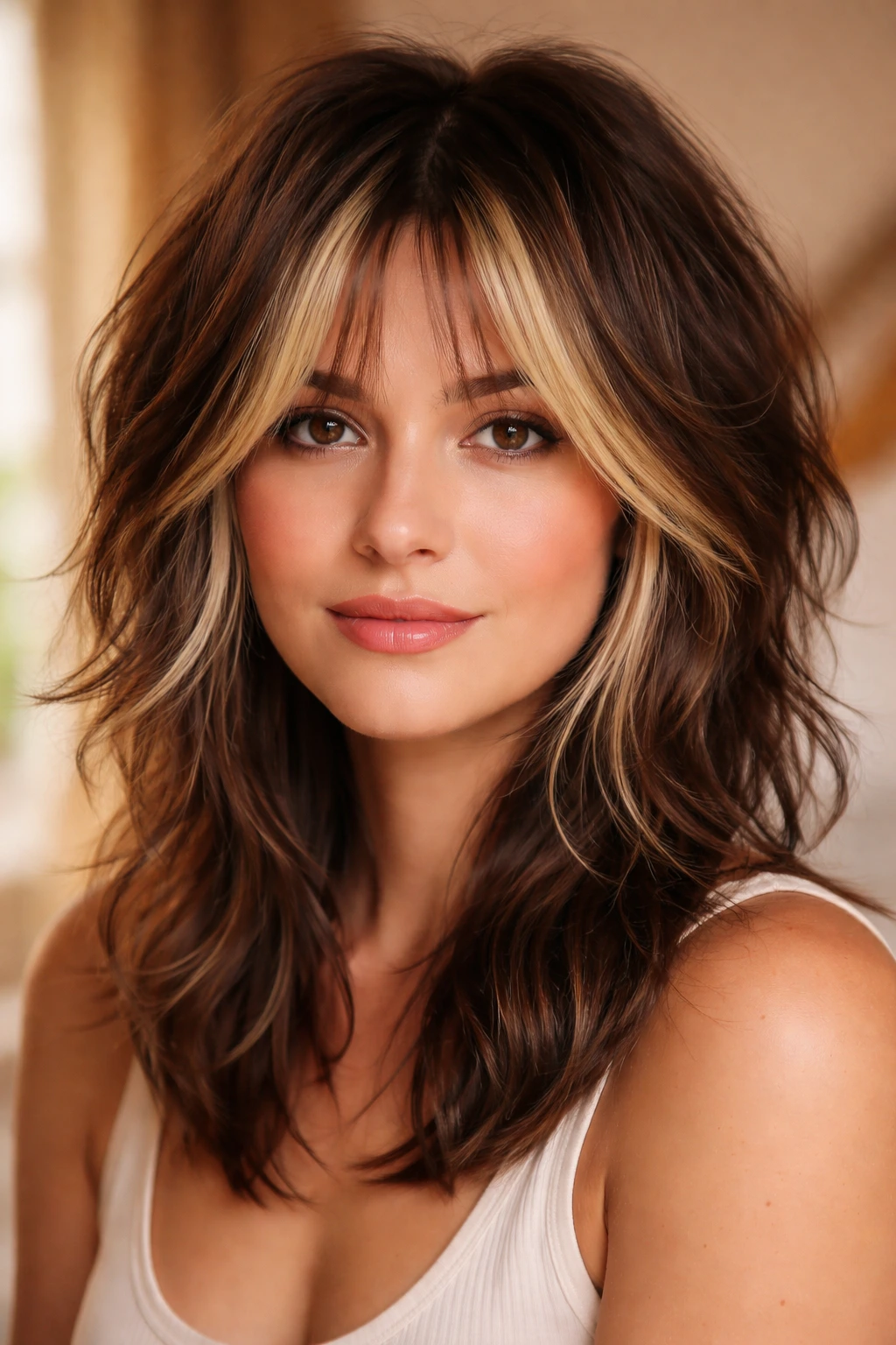 Close-up portrait of a real woman with money-piece front highlights in a shag haircut