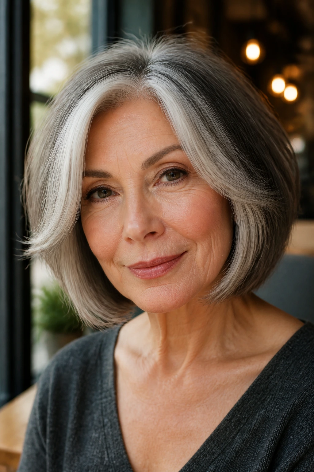 Close-up portrait of a woman with face-framing silver money pieces around the face.