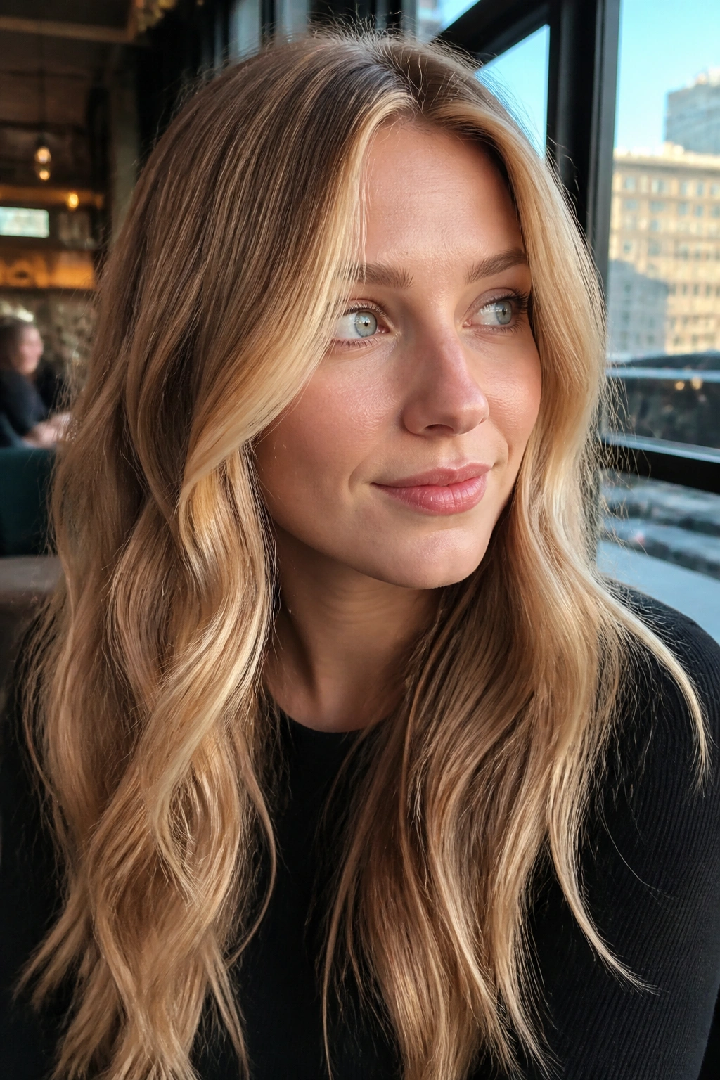 Close-up portrait of a woman with money pieces strawberry blonde framing the face by a window