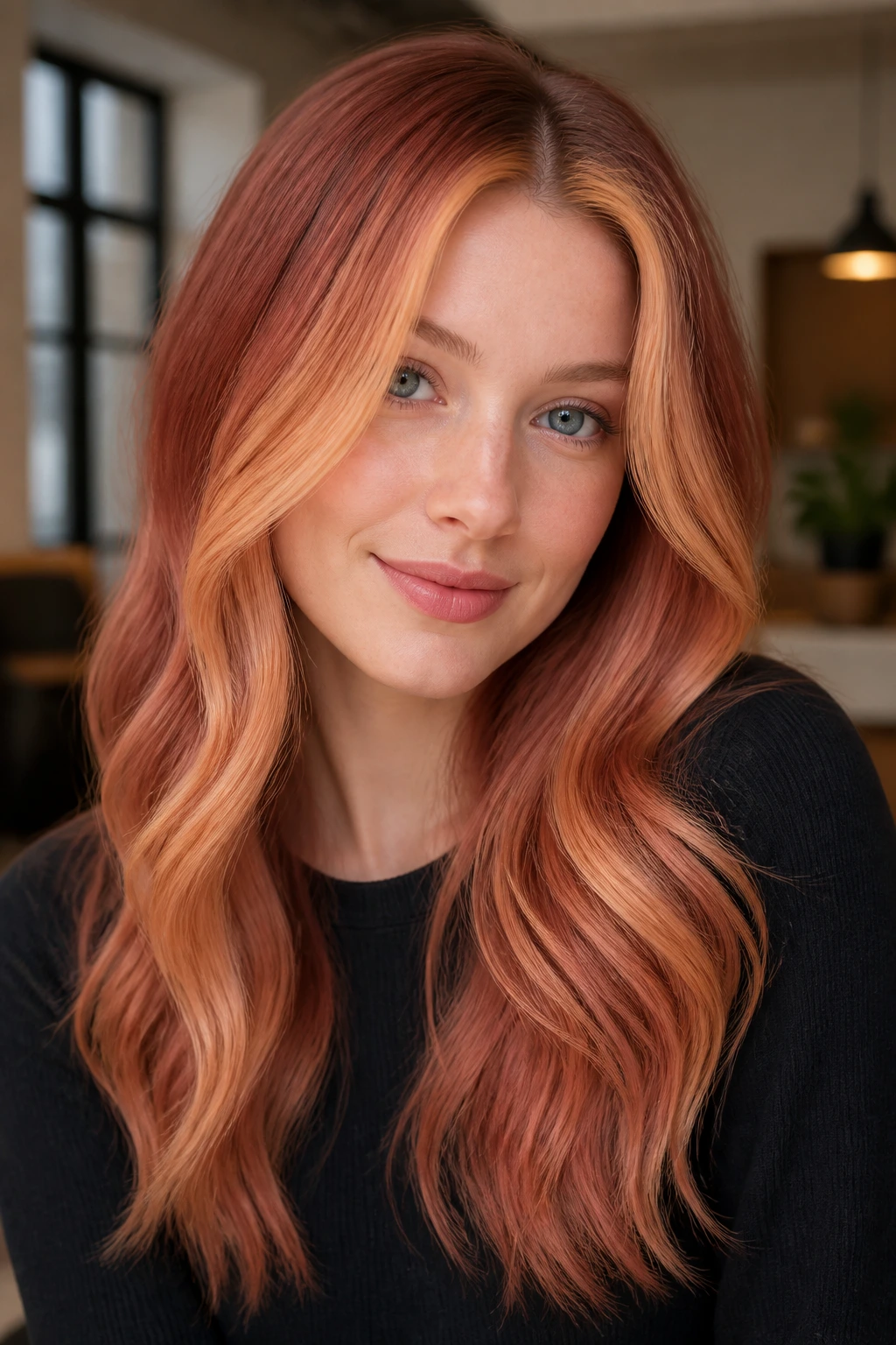Close-up of a real woman with light copper money pieces and strawberry ombre lengths