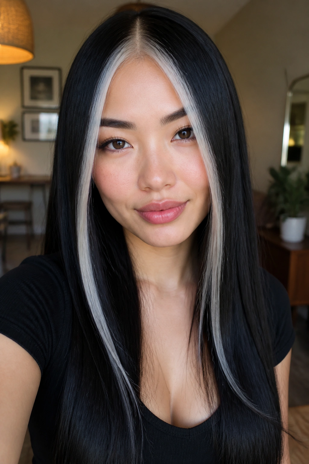 Close-up of a real woman with black hair and a slim white money piece along a long center part near the cheek.