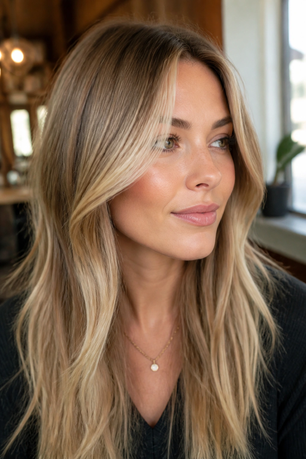 Close-up of a woman showing a soft money piece at the cheekbone with subtle blonde ribbon