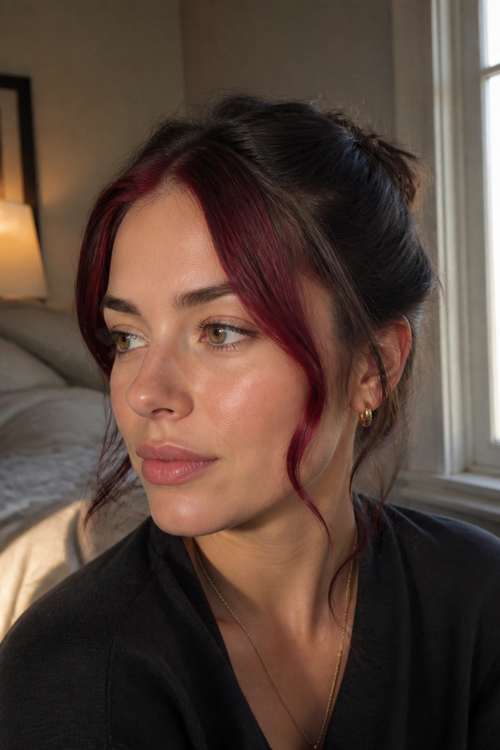 Close-up portrait of a real woman with a mulled-wine money piece at the hairline