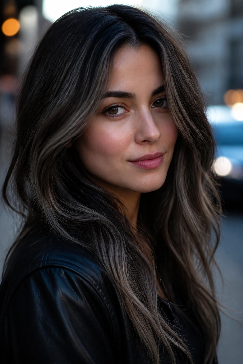Close-up portrait of a real woman with monochrome smoky brunette finish
