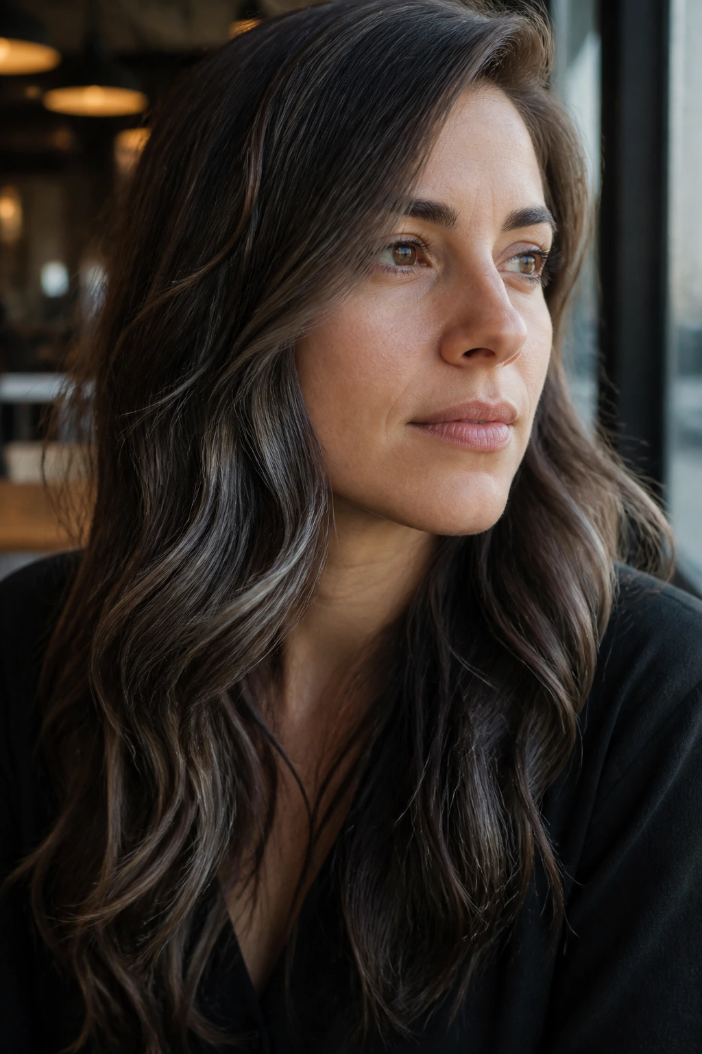 Close-up portrait of a real woman with moody slate streaks in brown hair under soft daylight