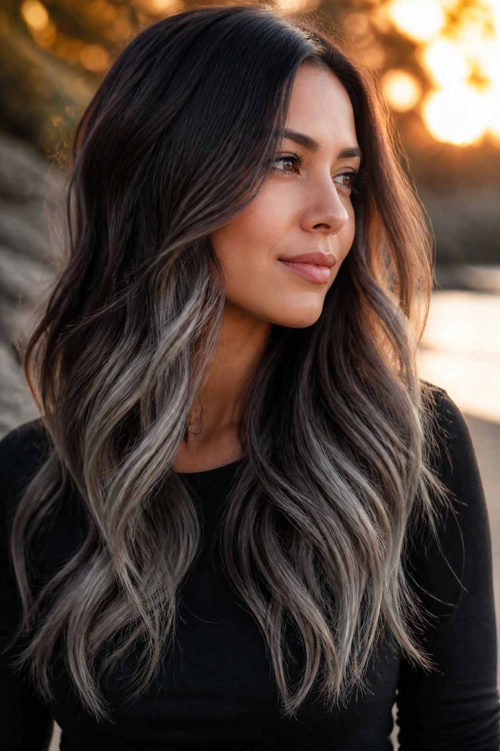 Portrait of a real woman with moonlit ash ends on long layers
