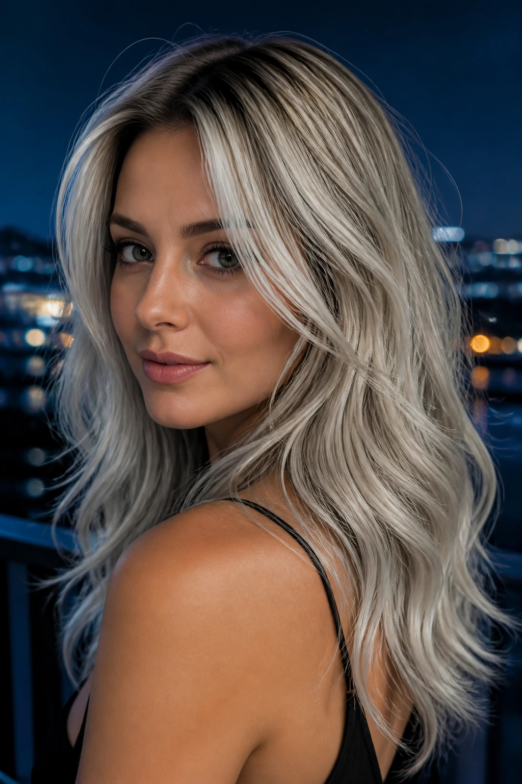 Close-up portrait of a woman with moonlit blonde hair and layered waves at night