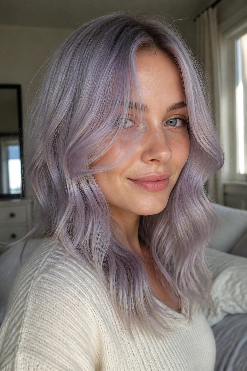 Close-up portrait of a real person with moonlit lavender silver hair in daylight