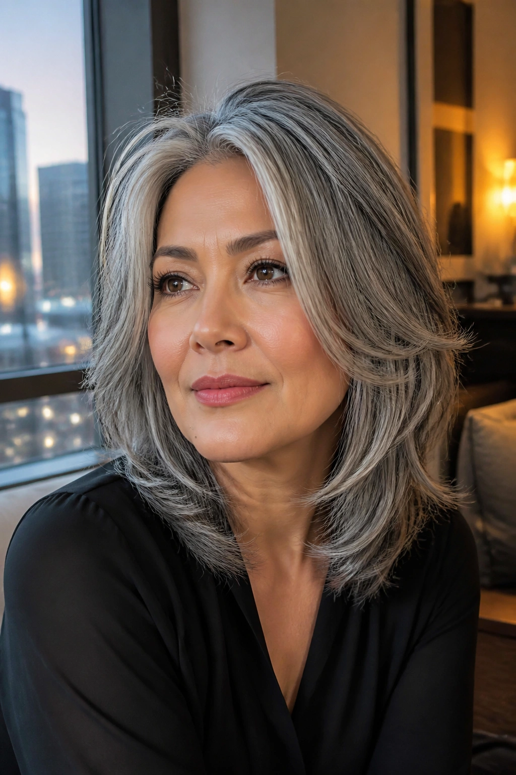 Real woman with moonlit layered mid-length grey hair in a close-up portrait