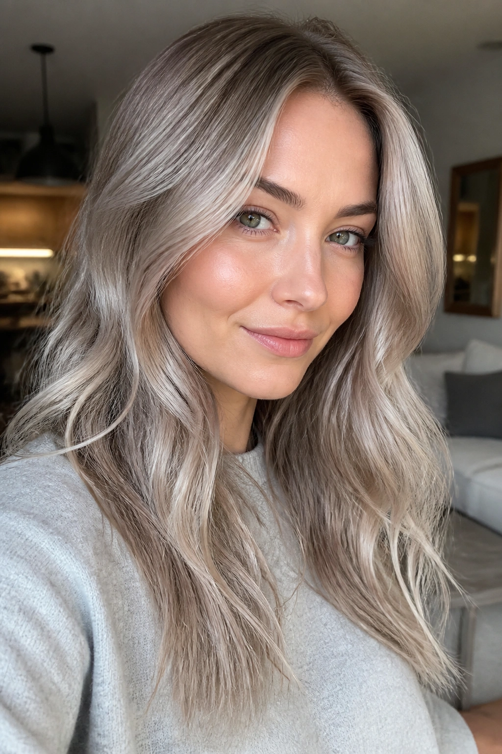 Close-up portrait of a woman with moonlit mushroom blonde hair in soft light