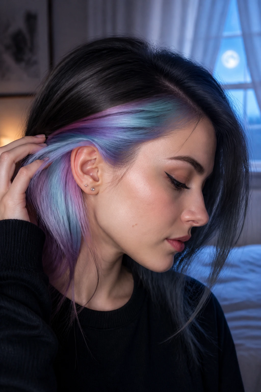 Portrait of a real person with Moonlit Spectrum Peekaboo hair reveal under top layer.