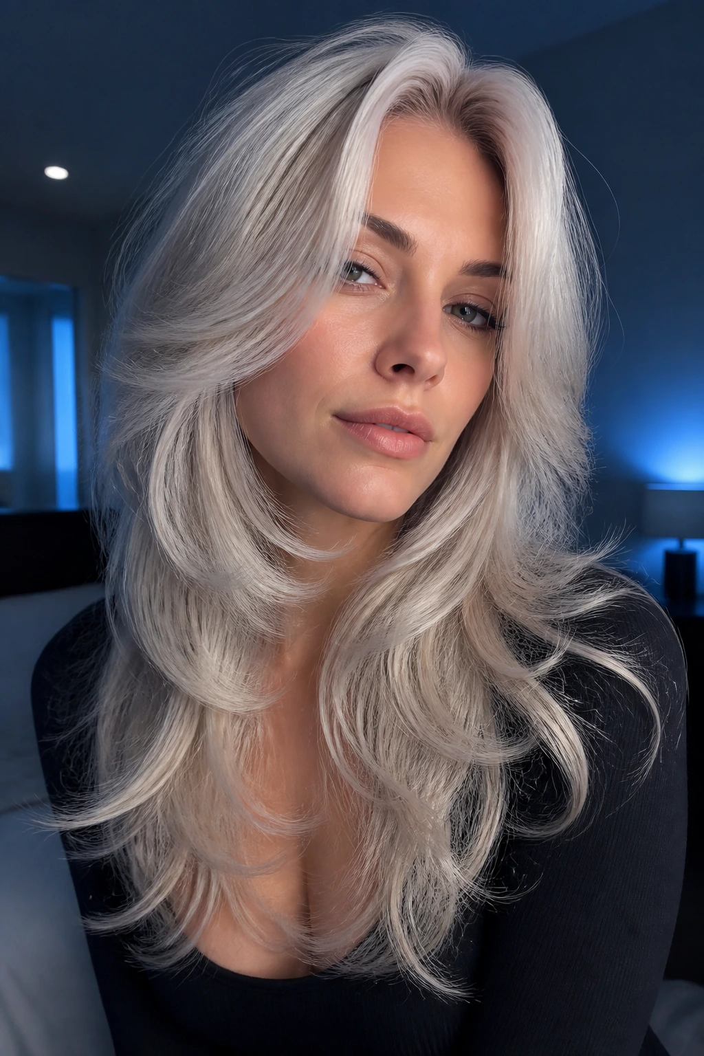Close-up of a real woman with moonlit platinum butterfly cut in cool lighting.
