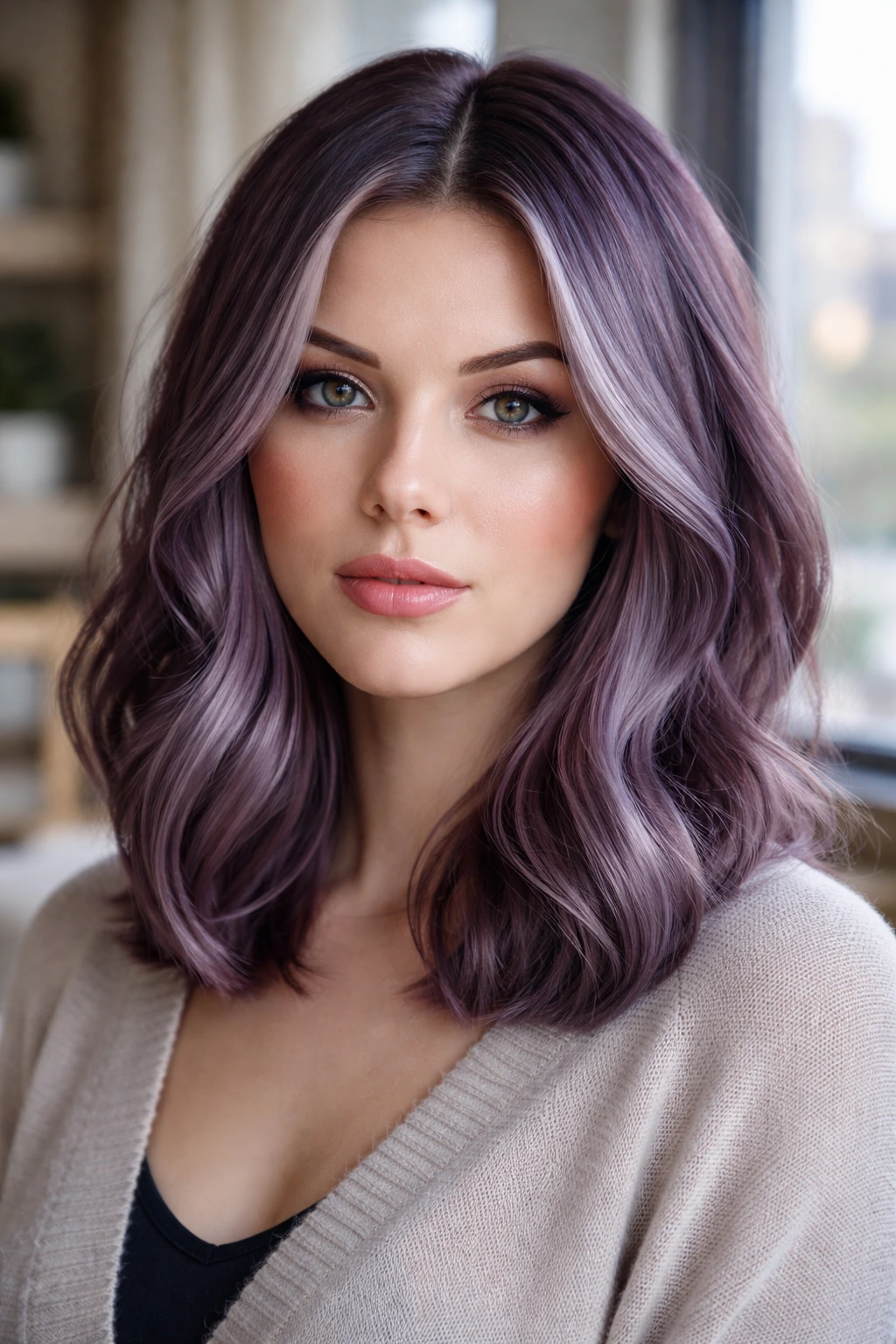 Close-up of a real woman with Moonlit Plum lob, silver-plum hair at a collarbone length, soft window light.
