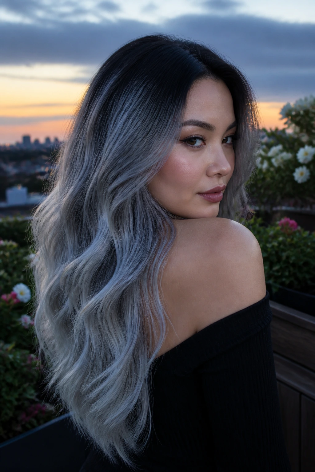 Portrait of real person with moonlit silver ombré hair in twilight