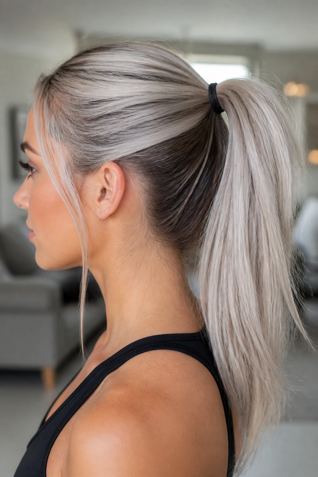 Side-profile close-up of a real woman with a moonlit silver ponytail blend