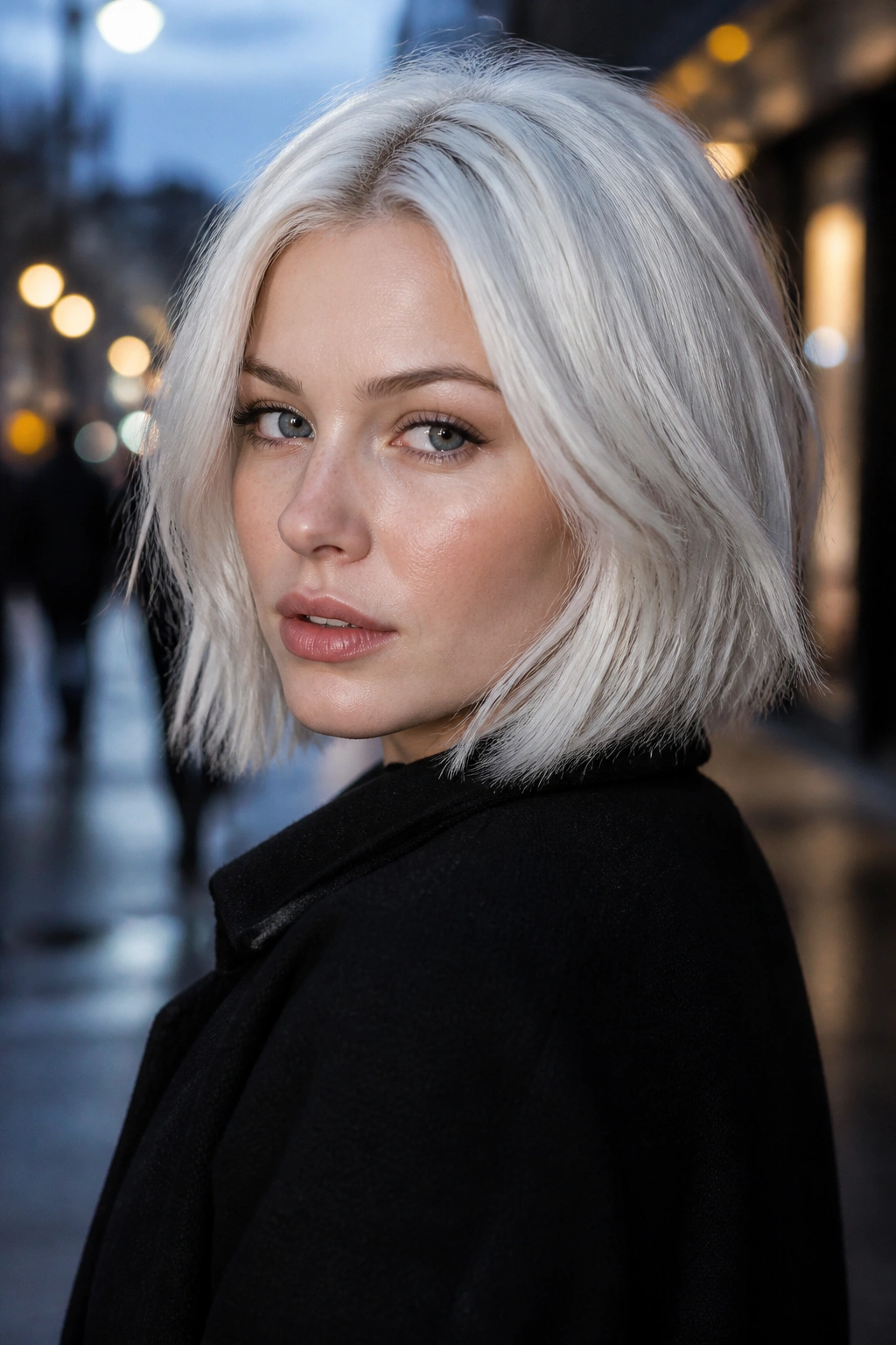 Real woman with moonlit white blonde on a winter street at dusk.