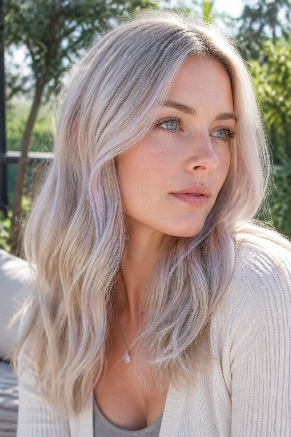 Close-up portrait of a real woman with moonstone blonde hair and opalescent undertones