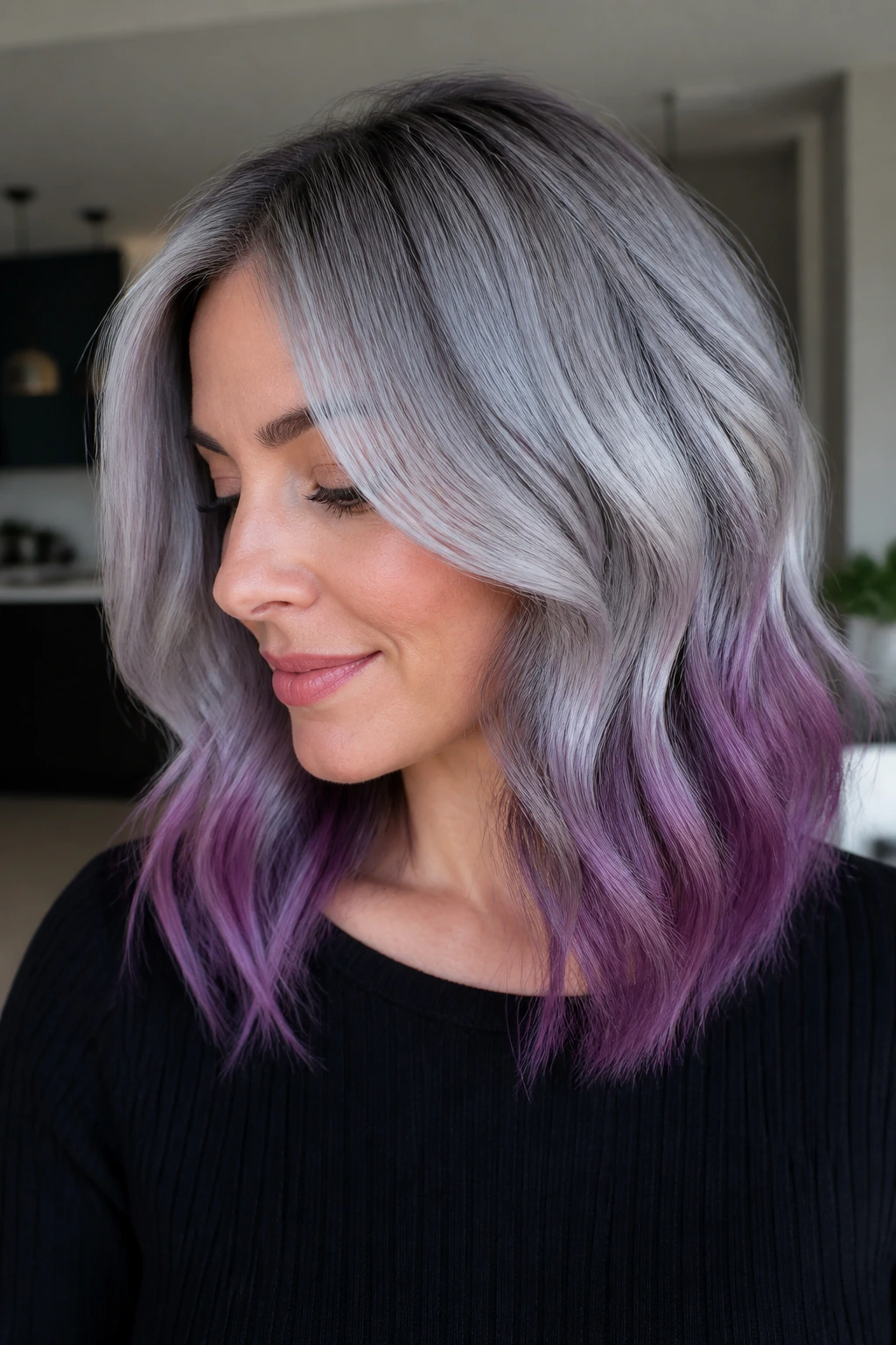 Shoulder-length lob in moonstone grey with plum tips at the ends, real person, soft daylight.
