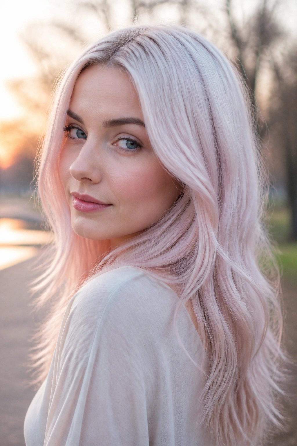 Real person with moonstone pink blonde hair shifting from pale pink to silver and white.