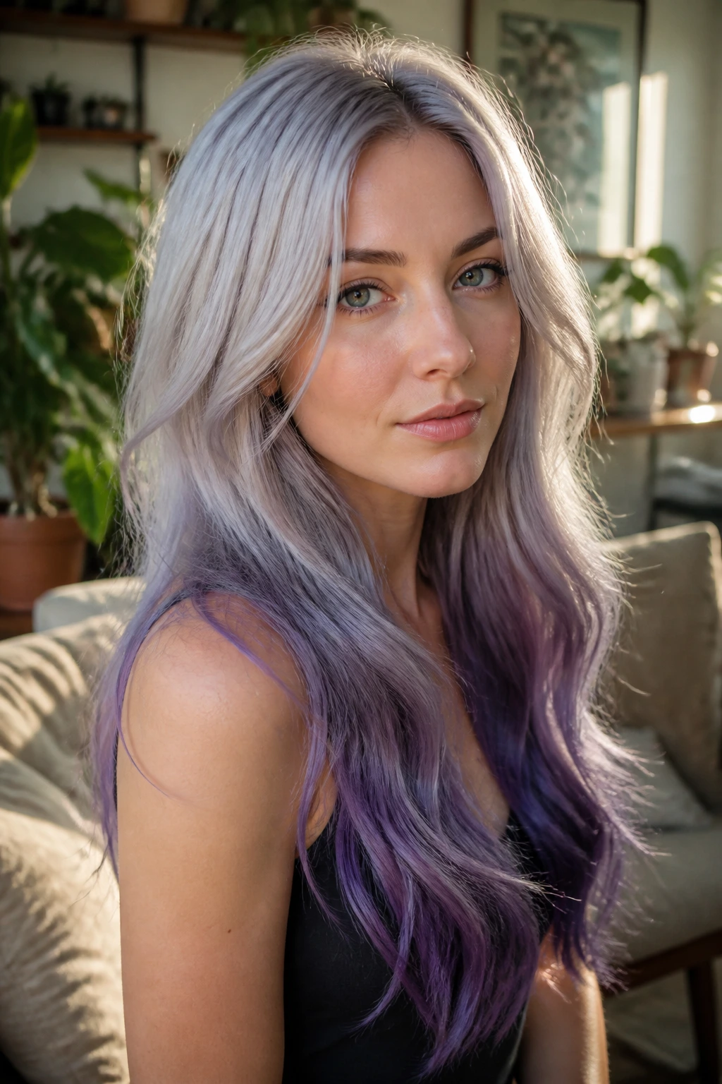 Real woman with moonstone silver hair and amethyst ends in a sunlit living room.