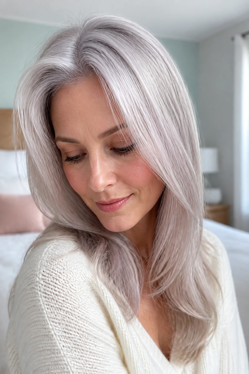 Real person with Moonstone silver glaze hair in a sunny pastel bedroom