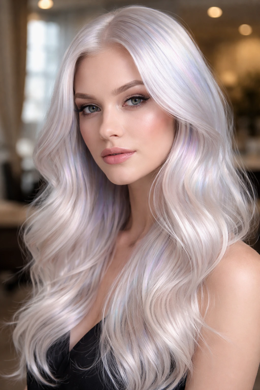 Close-up portrait of a real woman with moonstone white iridescent hair in salon lighting