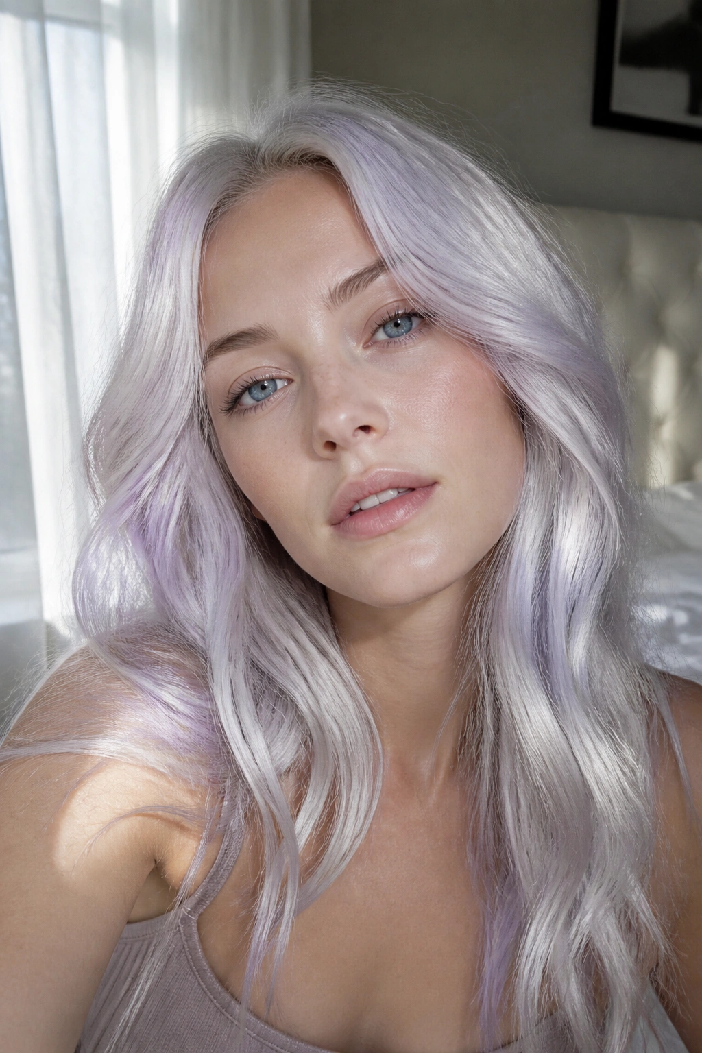 Close-up portrait of a real woman with moonstone white hair and lavender veil on cool skin