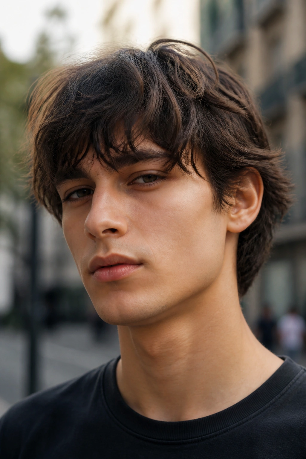 Close-up portrait of a real person with an ear-grazing mop crop in natural light