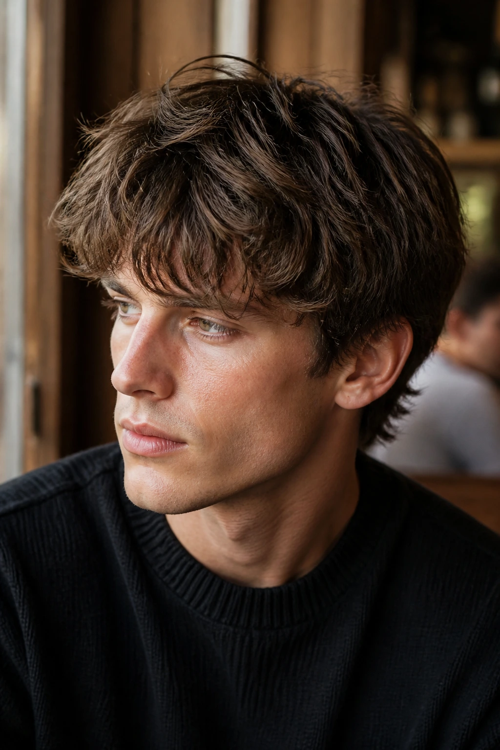 Close-up portrait of a real man with a medium-short layered mop in a cafe setting