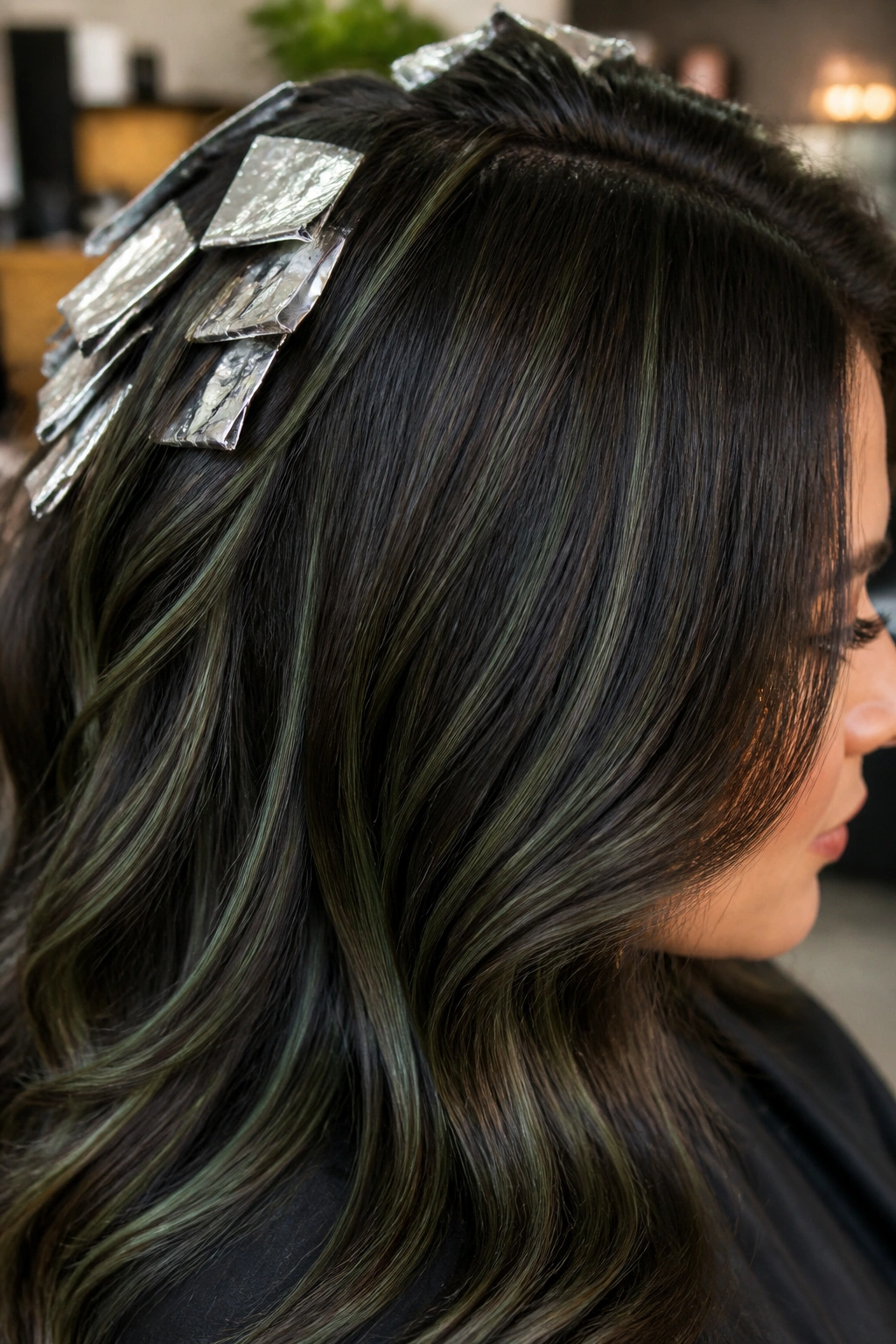 Close-up of dark chocolate brunette with subtle moss green babylights