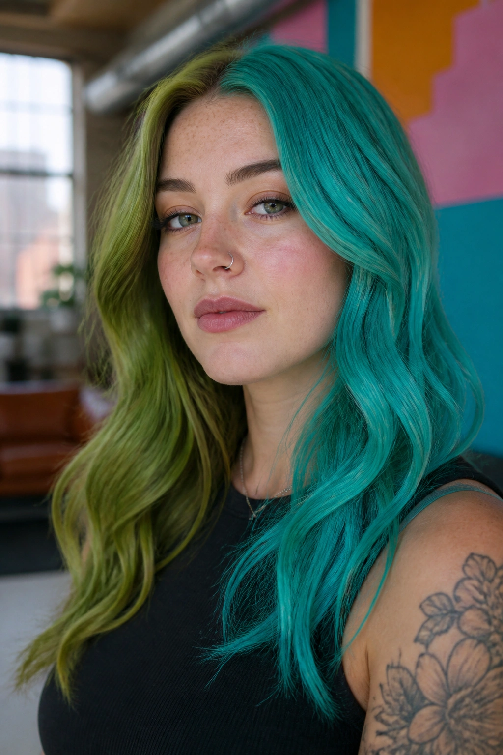 Close-up of color-blocked moss and turquoise hair on a real person