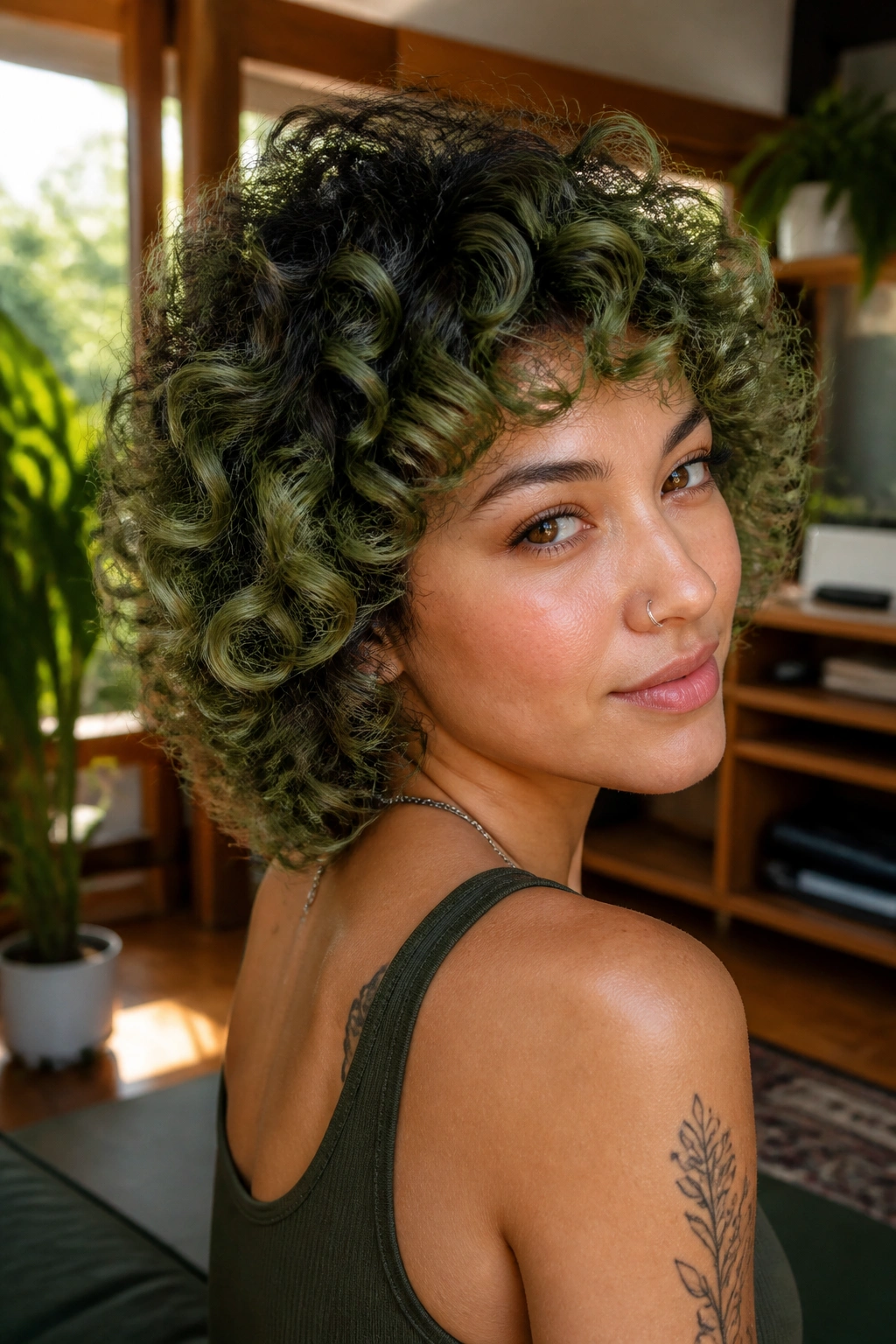 Close-up of a real person with mossy green curls and shadow roots