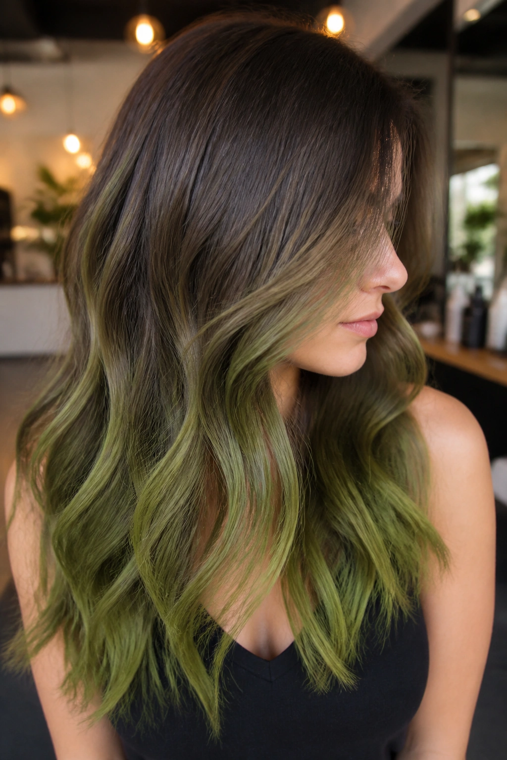 Close-up of mossy green ombré hair on a real person, brown roots fading to green at mid-length and ends