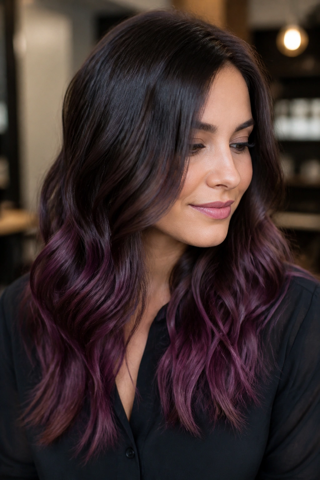 Close-up portrait of a real woman with smoky mulberry ends on dark brown hair